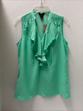 Ann Taylor Sleeveless Ruffle V-Neck Blouse - Mint
